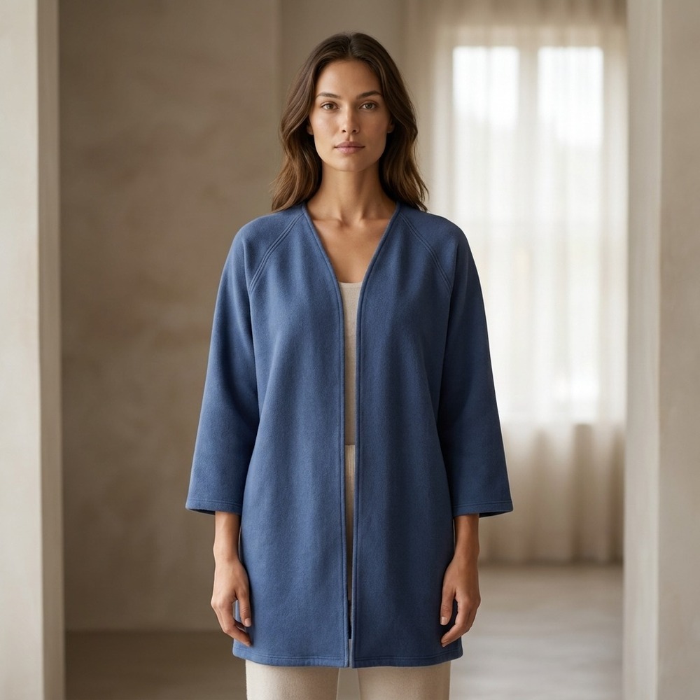 FILOSOFIA Women Cardigan L Blue Cotton Minimalist Open Front Fleece Robe Coat